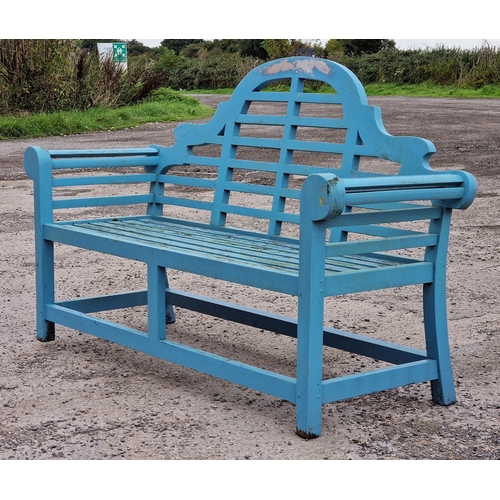 1096 - Painted teak Lutyens style bench, H 104cm x W 165cm x D 56cm