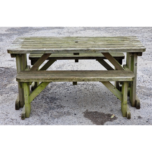 1097 - Weathered teak garden table with slatted top, H 73cm x W 150cm x D 70cm, together with a pair of tea... 