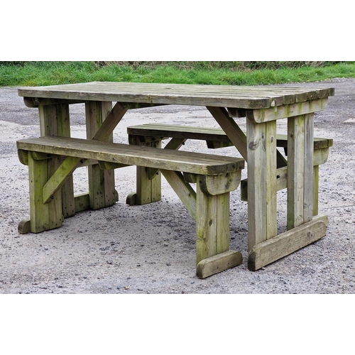 1097 - Weathered teak garden table with slatted top, H 73cm x W 150cm x D 70cm, together with a pair of tea... 