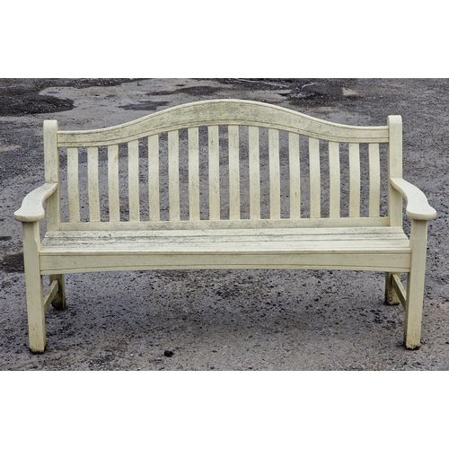 1099 - Painted teak garden bench with slatted seat and back stamped 'Hartman', H 90cm x W 154cm x D 62cm