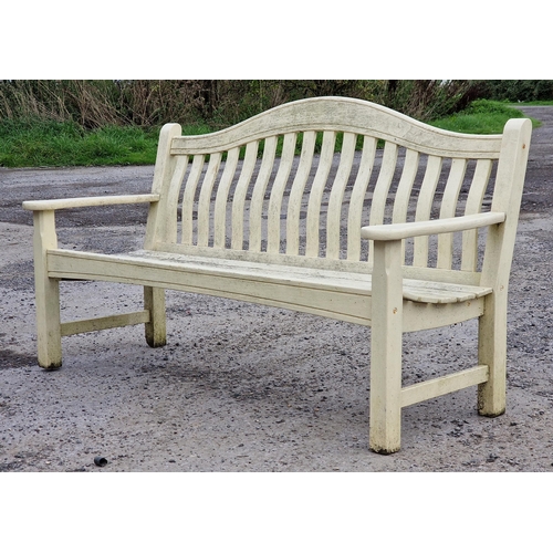 1099 - Painted teak garden bench with slatted seat and back stamped 'Hartman', H 90cm x W 154cm x D 62cm