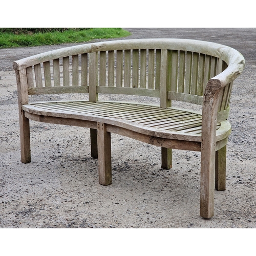 1100 - Weathered teak banana bench with slatted seat and back, H 79cm x W 160cm x D 57cm