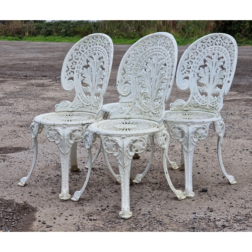 1102 - Set of four painted aluminium Victorian style garden chairs with pierced detail, H 85cm (4)