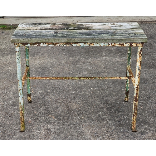 1107 - Vintage wrought iron table with planked top, H 74cm x W 97cm x D 57cm