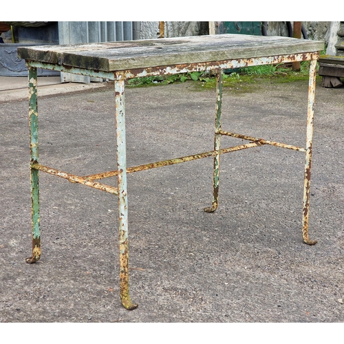 1107 - Vintage wrought iron table with planked top, H 74cm x W 97cm x D 57cm