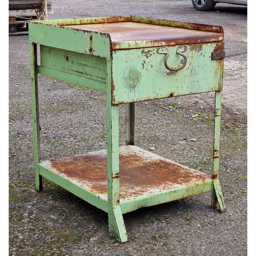 1108 - Vintage iron industrial work table with single drawer and distressed paintwork, H 74cm x W 53m x D 6... 