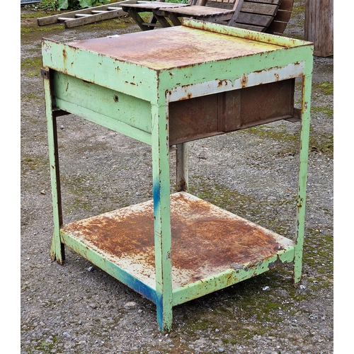 1108 - Vintage iron industrial work table with single drawer and distressed paintwork, H 74cm x W 53m x D 6... 