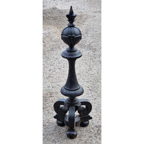 1110 - Antique painted cast iron post / andiron with spear head finial and scrolled supports, H 67cm