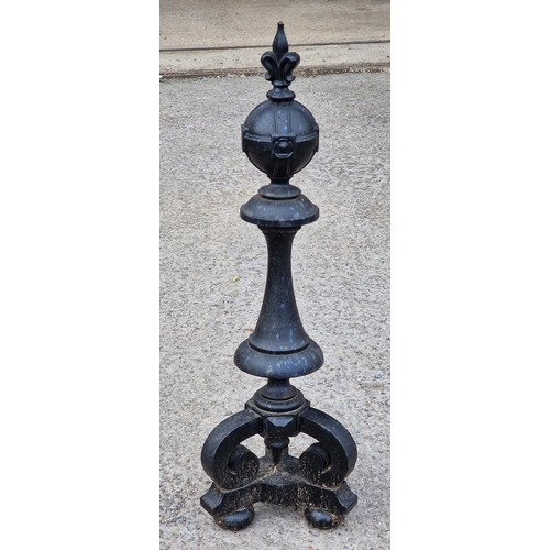 1110 - Antique painted cast iron post / andiron with spear head finial and scrolled supports, H 67cm