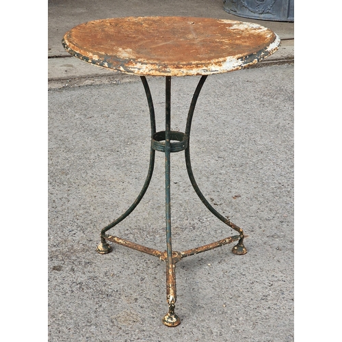 1111 - Vintage metal bistro table with circular top and distressed paintwork, H 72cm x diameter 57cm