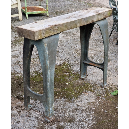 1118 - Pair of vintage reclaimed industrial cast iron machine legs with plank top, H 88cm x W 114cm x D 25c... 