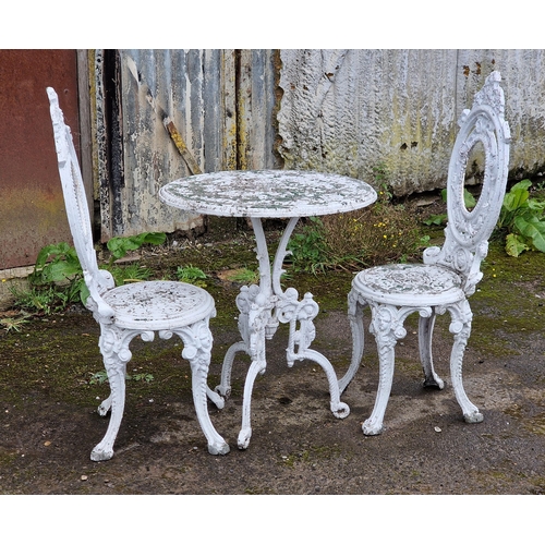 1121 - Painted metal Victorian style garden terrace set to include a table, H 67cm x W 60cm, and two chairs... 