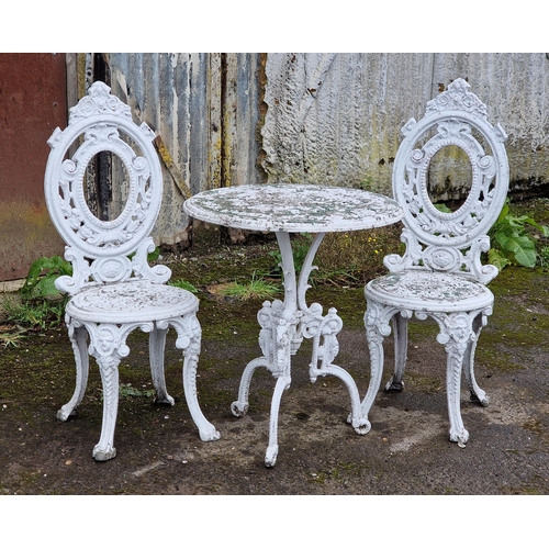 1121 - Painted metal Victorian style garden terrace set to include a table, H 67cm x W 60cm, and two chairs... 