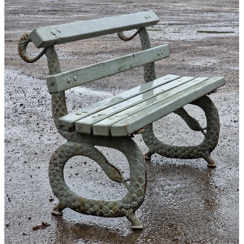 1123 - Antique cast iron serpent bench with slatted seat and back, H 79cm x W 120cm