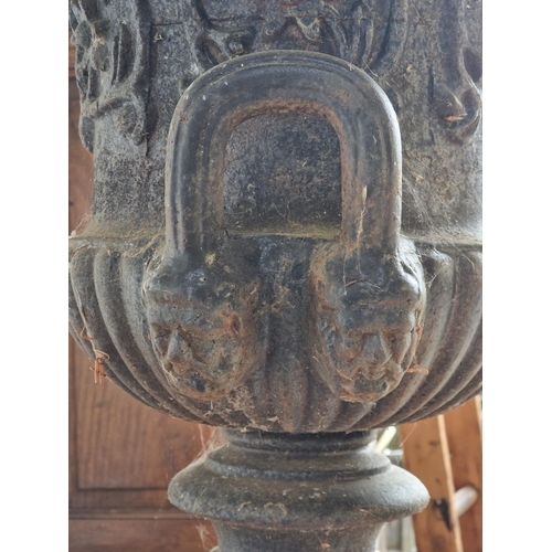 1130 - Good Victorian cast iron Campana urn on pedestal with lobed bowl, fluted socle and swag relief, H 10... 