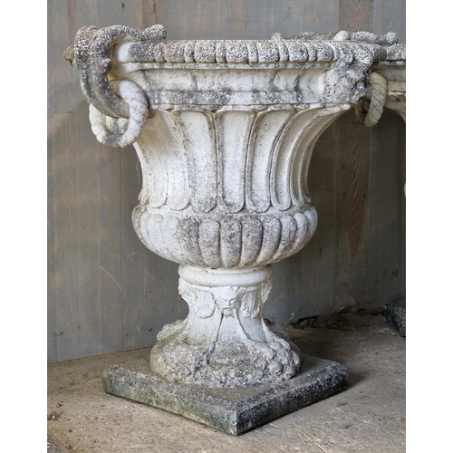 1133 - Exceptional quality pair of weathered reconstituted stone garden Campana urns with lobed bowls and g... 