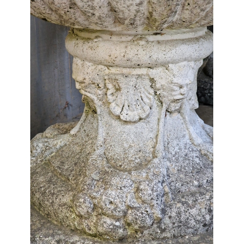 1133 - Exceptional quality pair of weathered reconstituted stone garden Campana urns with lobed bowls and g... 