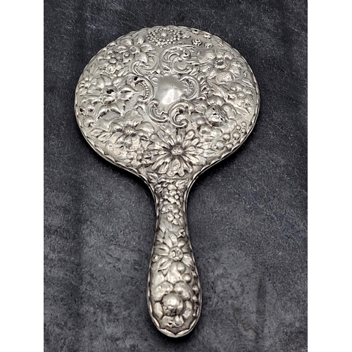 163 - Mixed silver - toast rack, engine turned propelling pencil and repousse dressing mirror (3)