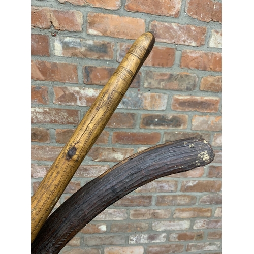 412 - Antique stone made Oceanic/tribal boomerang with additional aboriginal cudgel, largest L 75cm (2)