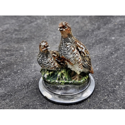 265 - Four antique Austrian cold painted bronze menu holders of game birds to include pheasant, snipe and ... 