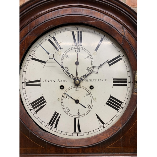 308 - John Law of Kirkcaldy - Antique Scottish eight day twin train longcase clock with enamelled dial and... 