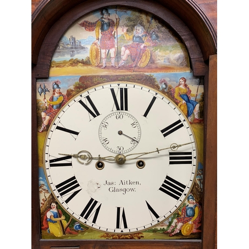 311 - Jas Aitken of Glasgow - Antique eight day twin train longcase clock, the hand painted dial with subs... 