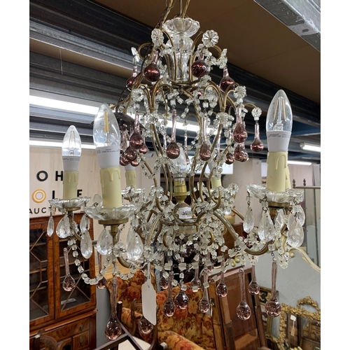 1411 - Ornate crystal glass and purple teardrop ceiling chandelier with scrolled brass frame, D 45cm x H 60... 