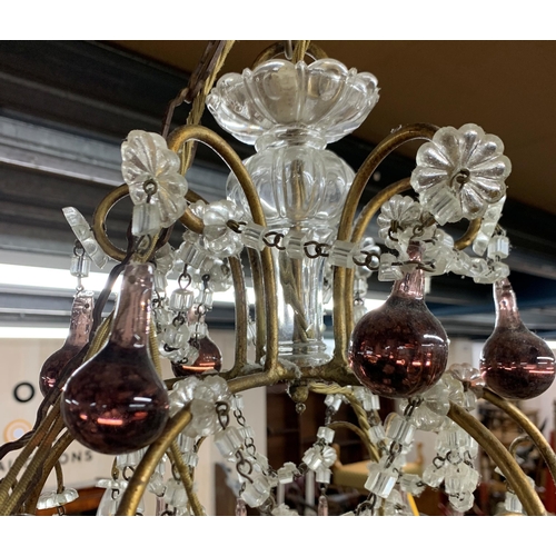 1411 - Ornate crystal glass and purple teardrop ceiling chandelier with scrolled brass frame, D 45cm x H 60... 