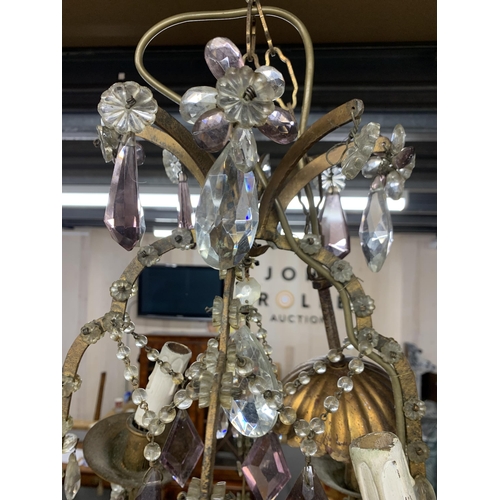 1412 - Ornate crystal and purple glass ceiling chandelier in caged brass frame, D 40cm x H 50cm