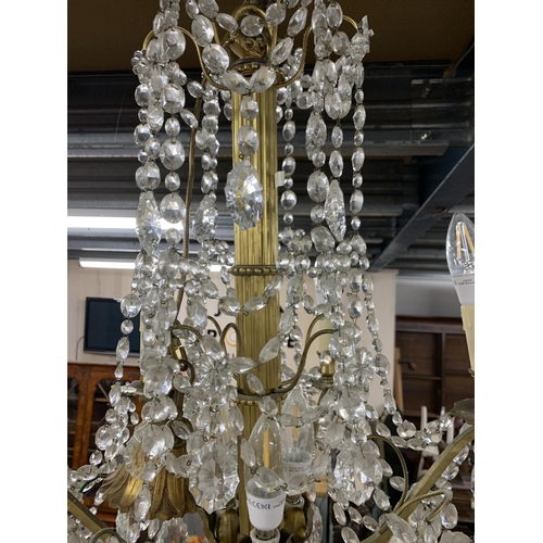 1414 - Ornate crystal drop six branch ceiling chandelier, having central Corinthian column and scrolled bra... 