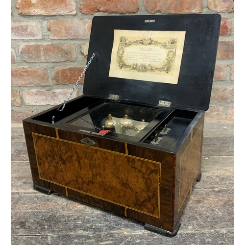 317 - Good quality late 19th century three bell music box, inlaid burr walnut and rosewood case, playing e... 