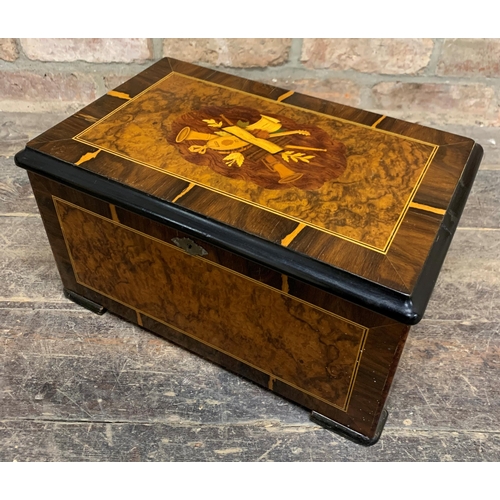 317 - Good quality late 19th century three bell music box, inlaid burr walnut and rosewood case, playing e... 