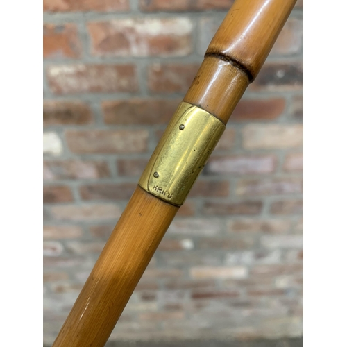 600 - Brigg of London bamboo crook handle candle walking cane / stick, unmarked yellow metal collar, 93cm ... 