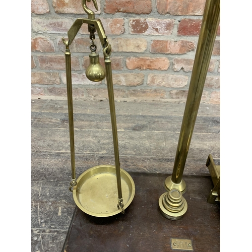 523 - Large pair of Victorian brass weighing scales, 'C.W Brecknell', with graduating brass weights, H 80c... 