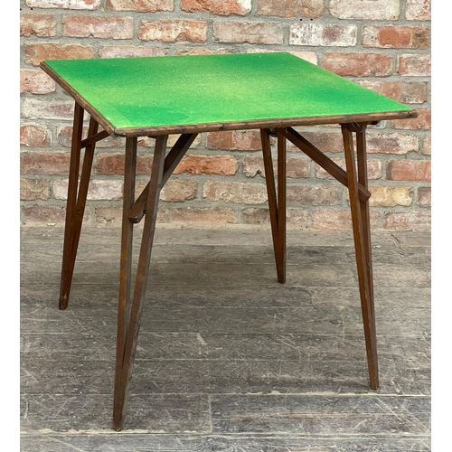 1242 - Stones Patent Campaign folding oak games table, green felt top, 71cm x 71cm x 71cm