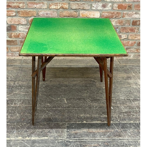 1242 - Stones Patent Campaign folding oak games table, green felt top, 71cm x 71cm x 71cm