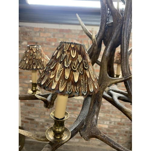 1402 - Impressive stag antler six light chandelier, each shade having pheasant feather decoration, D 110cm ... 