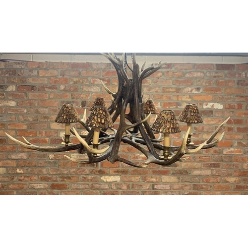 1402 - Impressive stag antler six light chandelier, each shade having pheasant feather decoration, D 110cm ... 