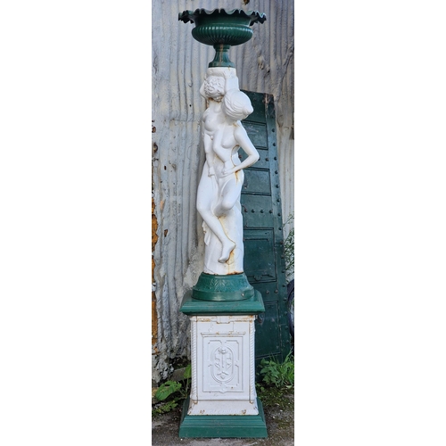 1141 - Good Antique painted cast iron garden feature of a mother and child holding an urn raised on a pedes... 