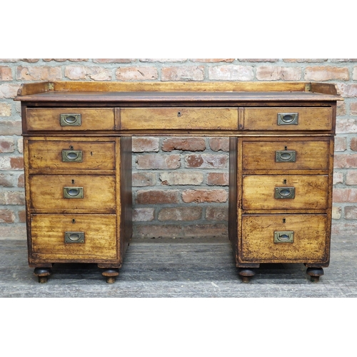 1367 - 19th century campaign pedestal desk fitted with seven drawers, removeable raised gallery back and re... 