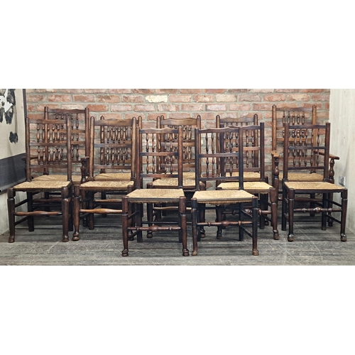 1368 - Matched set of twelve (10+2) antique Lancashire spindle back chairs with rush seats, largest H 113cm... 