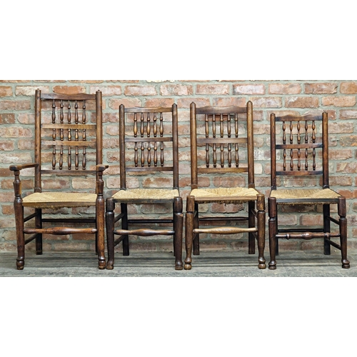 1368 - Matched set of twelve (10+2) antique Lancashire spindle back chairs with rush seats, largest H 113cm... 