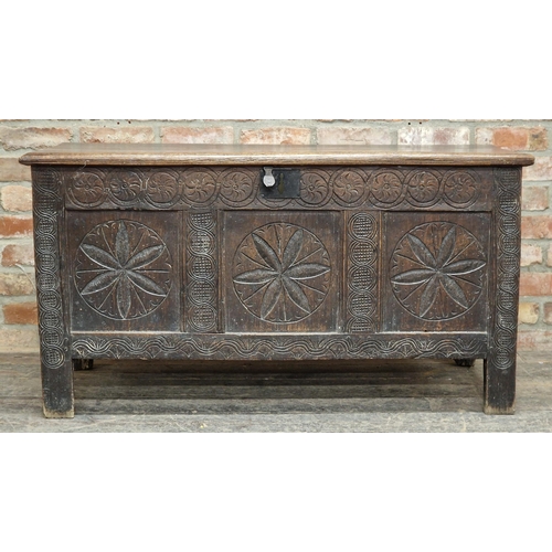 1369 - 18th century carved oak coffer with hinged lid and iron lock plate, H 69cm x W 127cm x D 52cm