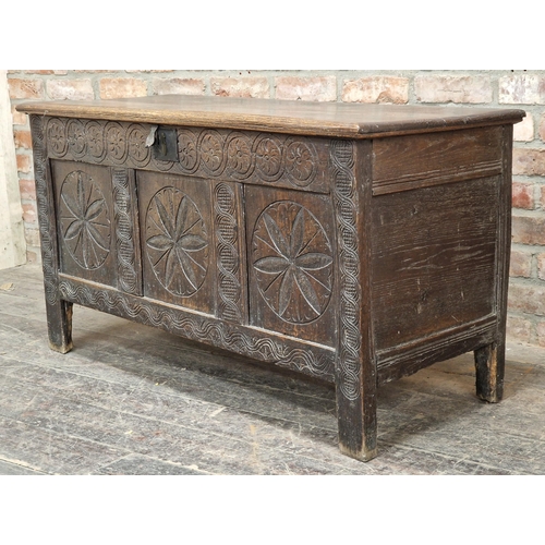 1369 - 18th century carved oak coffer with hinged lid and iron lock plate, H 69cm x W 127cm x D 52cm