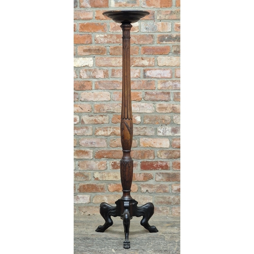 1370 - Victorian carved mahogany torchere with reeded column, raised on a tripod base with lions paw feet, ... 