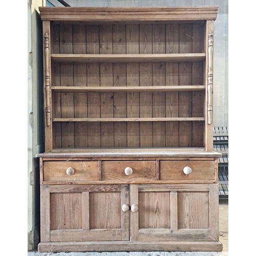 1145 - Antique reclaimed pine farmhouse dresser fitted with three drawers and two cupboard doors to base, H... 