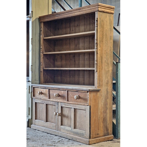 1145 - Antique reclaimed pine farmhouse dresser fitted with three drawers and two cupboard doors to base, H... 