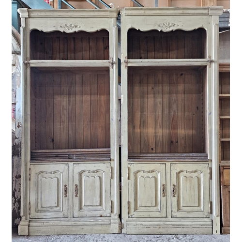 1374 - Pair of large French bookcases with twin cupboard doors to base and distressed paintwork, H 240cm x ... 