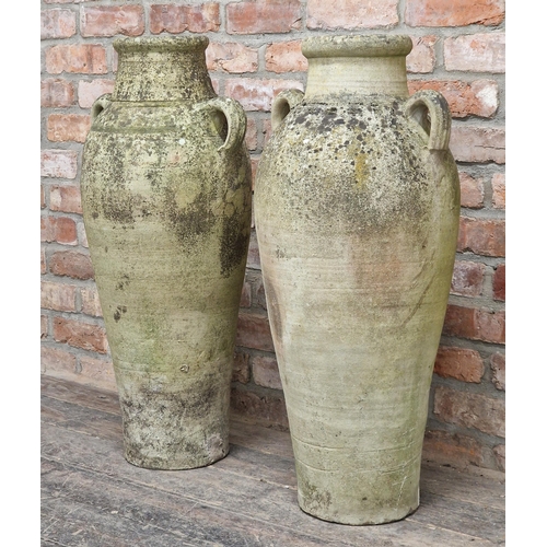 1156 - Pair of weathered terracotta amphora urns with twin loop handles and incised detail, H 90cm (2)