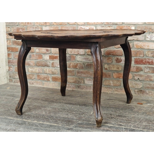 1376 - 19th century Southern Indian Anglo Portuguese carved hardwood centre table with folding top and inci... 